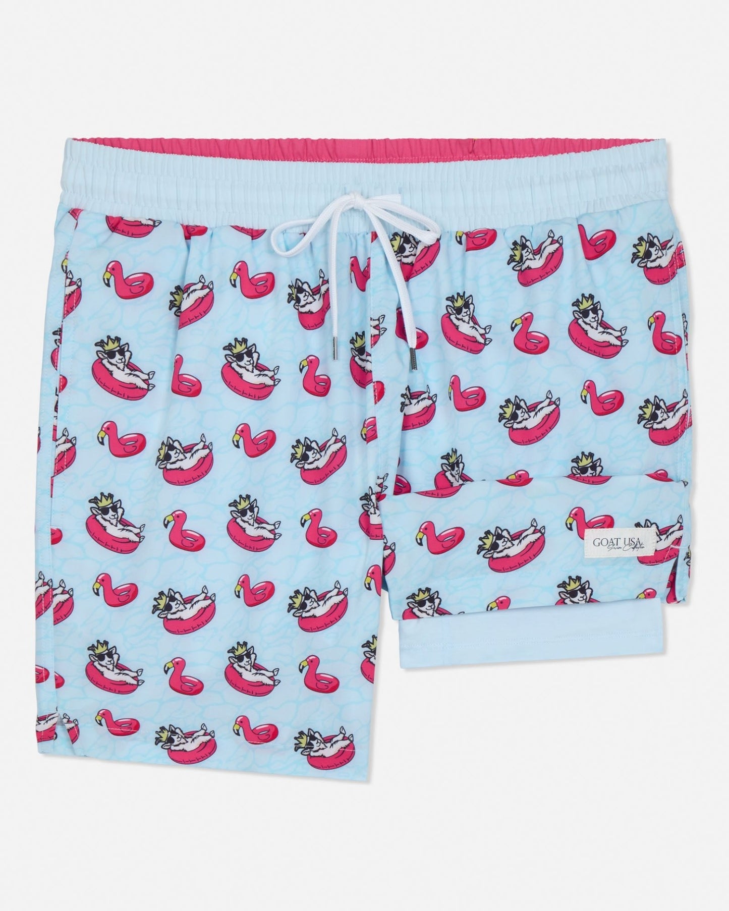 Light blue shorts with pink flamingo pool float and goat pattern on a white background