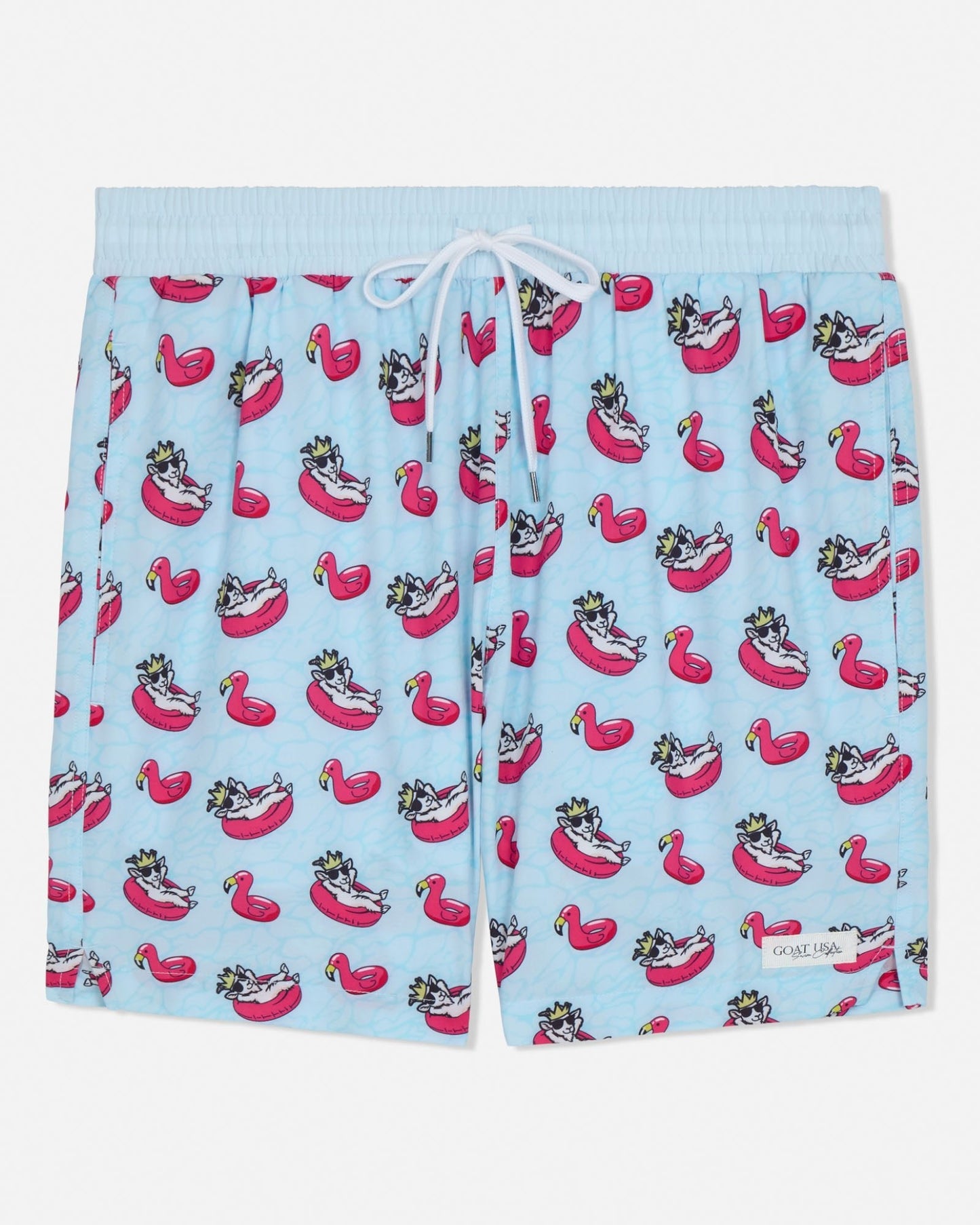 Swim shorts with goat and flamingo pool float pattern on a light blue background