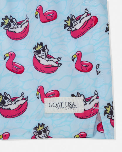 Fabric with cartoon goat design on pink inflatables against a blue background, featuring the GOAT USA logo.