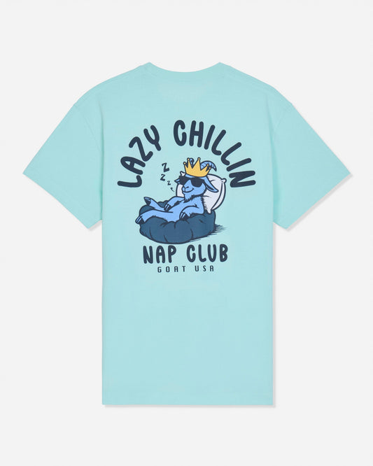 Back of mint t-shirt with goat laying in bed graphic and text that reads 'LAZY CHILLIN GOAT USA NAP CLUB'