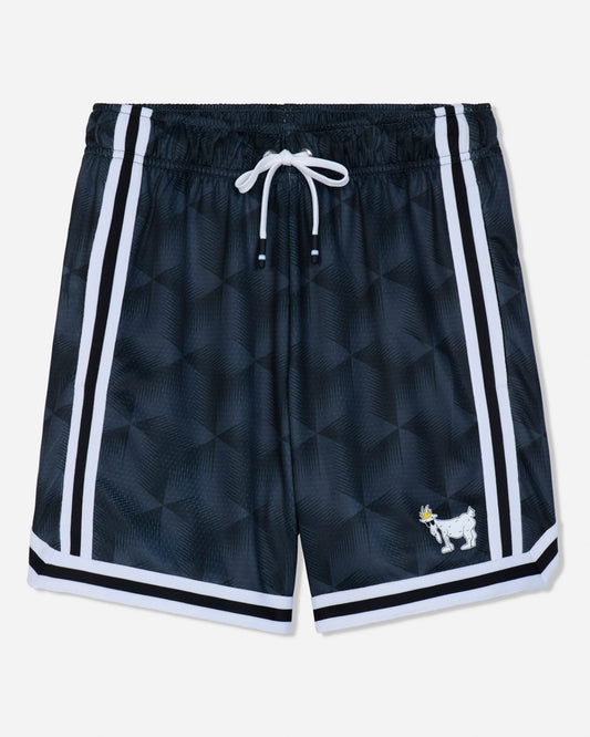 Black athletic shorts with a subtle geometric pattern, featuring white side stripes, a white drawstring, and a small white goat logo with a yellow flower on the lower left leg.#color_black