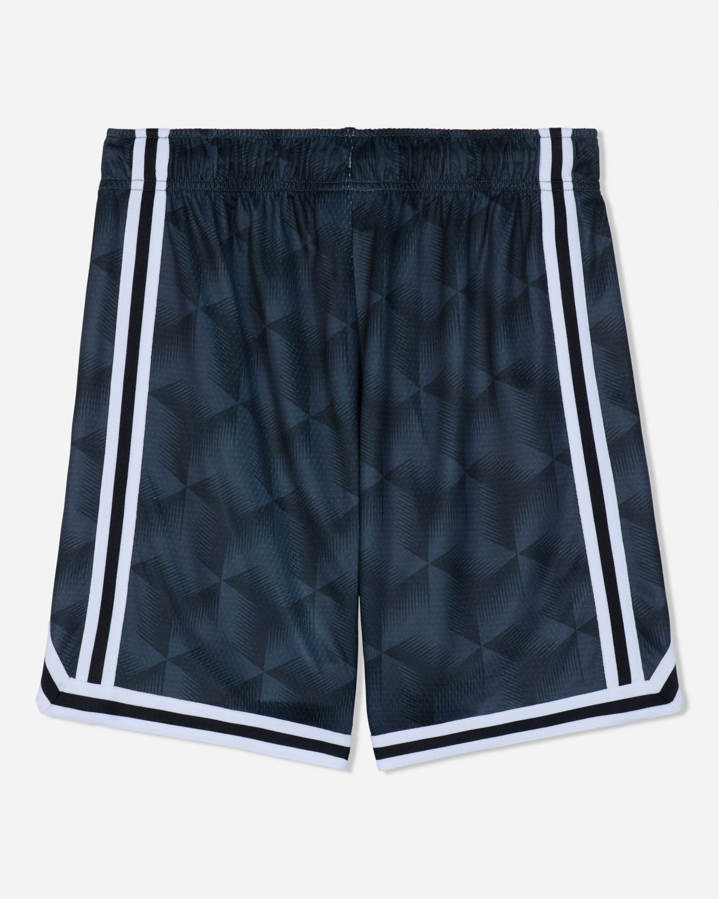 Black athletic shorts with a subtle geometric pattern, featuring white double stripes down the sides and white trim along the hem, shown against a light gray background.#color_black