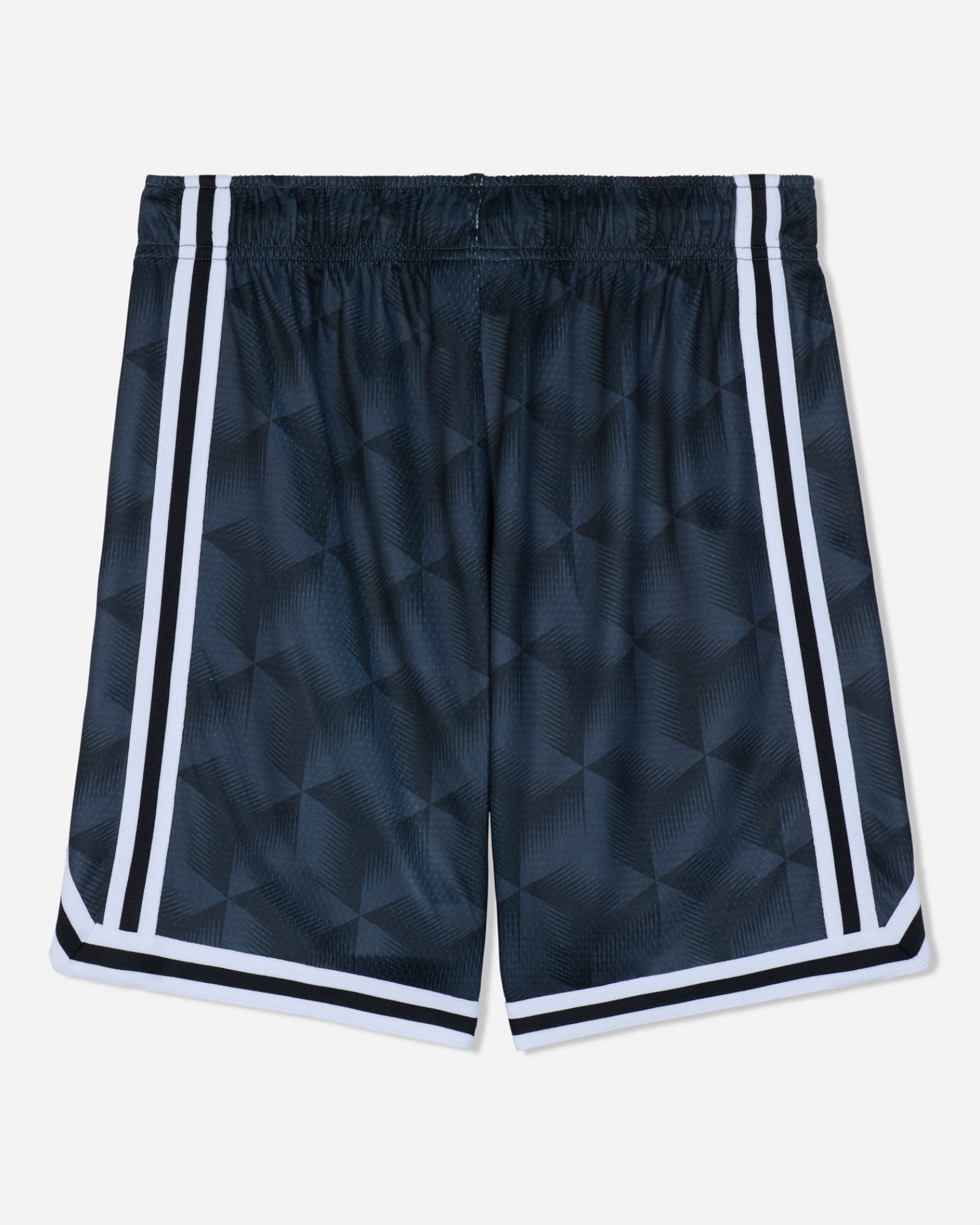 Black athletic shorts with a subtle geometric pattern, featuring white double stripes down the sides and white trim along the hem, shown against a light gray background.#color_black