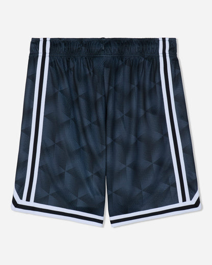 Black athletic shorts with a subtle geometric pattern, featuring white double stripes down the sides and white trim along the hem, shown against a light gray background.#color_black