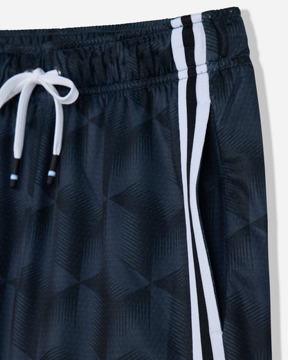 Close-up of dark athletic shorts with a subtle geometric pattern, featuring a white drawstring and two vertical white stripes along the side.#color_black