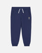 Navy blue sweatpants with a small embroidered design on a white background#color_navy