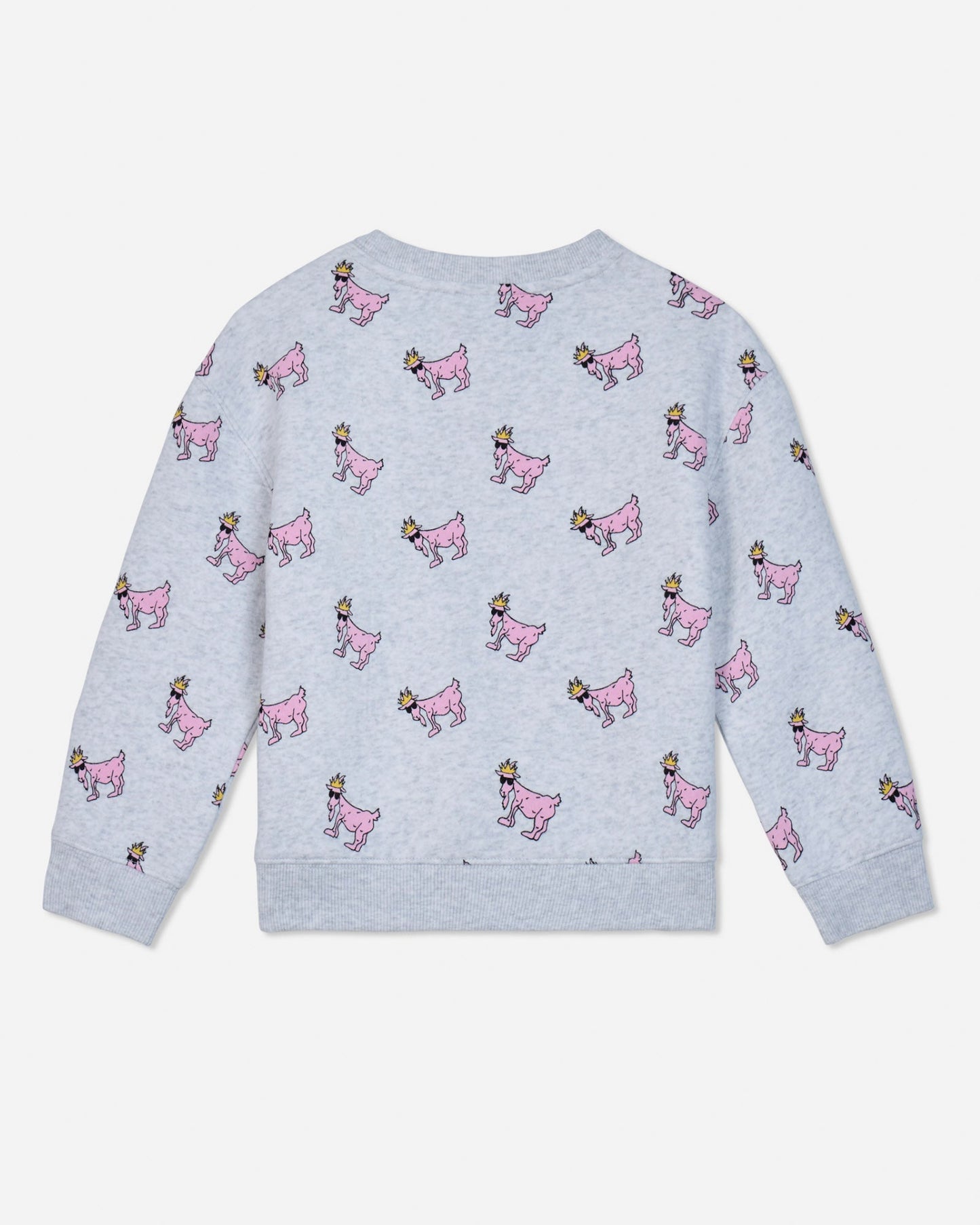 A light gray heather long-sleeve sweatshirt with an all-over print of pink cartoon goats wearing gold crowns, shown flat against a light gray background.#color_pale-gray-heather