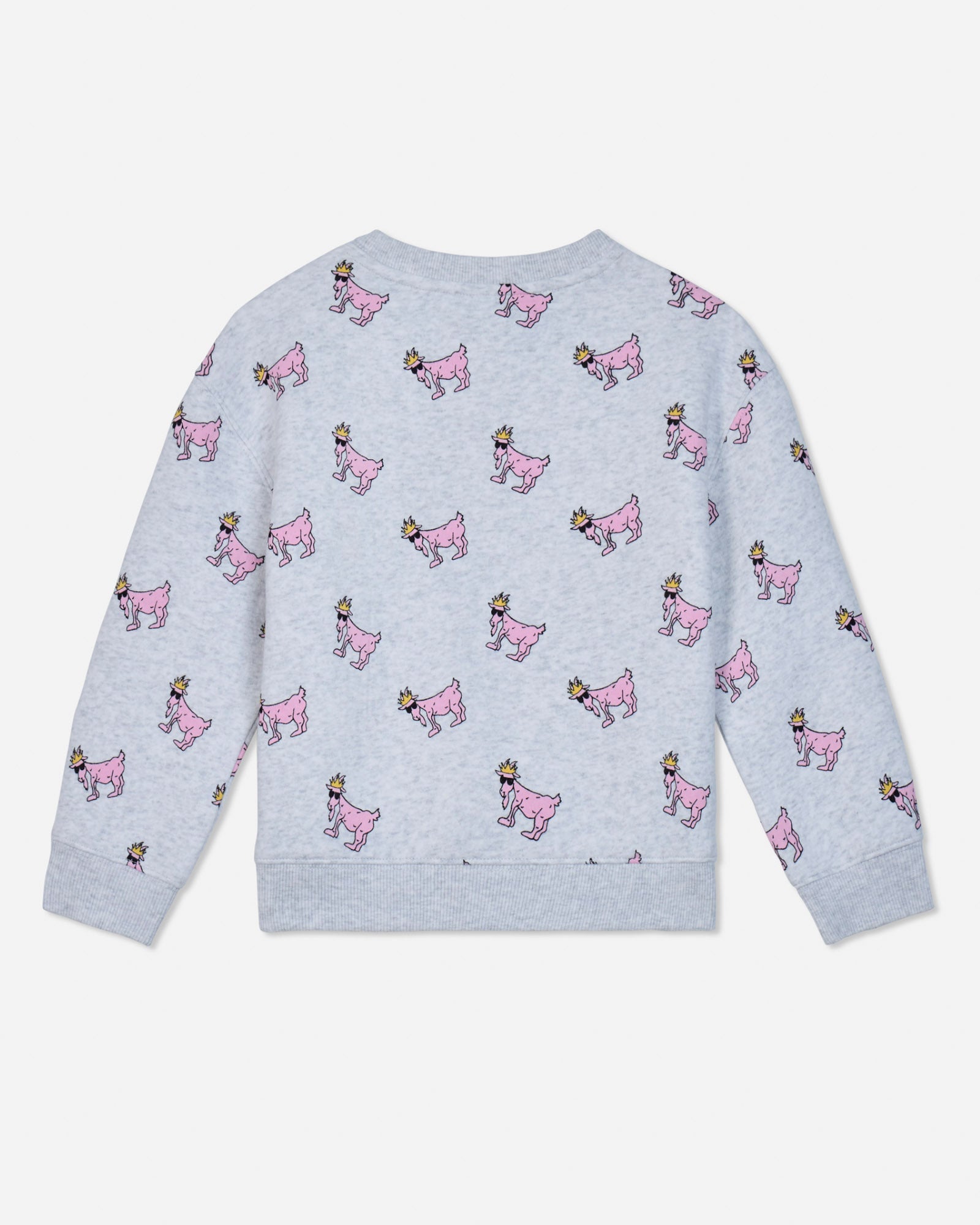 A light gray heather long-sleeve sweatshirt with an all-over print of pink cartoon goats wearing gold crowns, shown flat against a light gray background.#color_pale-gray-heather