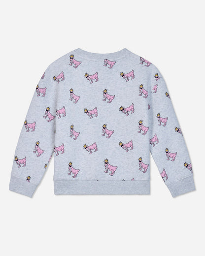 A light gray heather long-sleeve sweatshirt with an all-over print of pink cartoon goats wearing gold crowns, shown flat against a light gray background.#color_pale-gray-heather