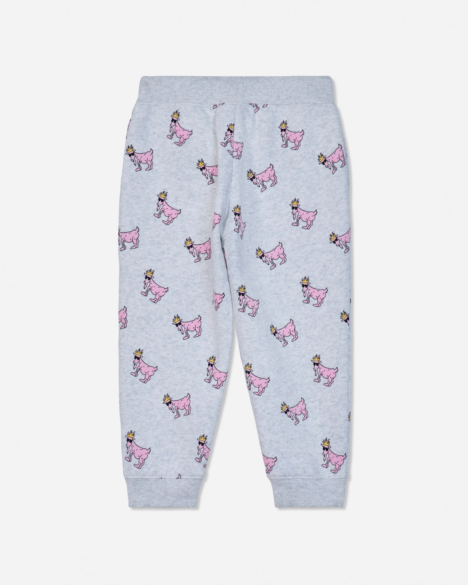 Light heather gray jogger pants with an all-over pink dog print, featuring an elastic waistband and ribbed ankle cuffs.#color_pale-gray-heather