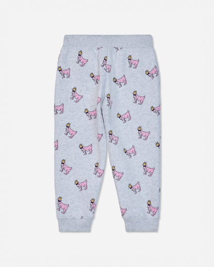 Light heather gray jogger pants with an all-over pink dog print, featuring an elastic waistband and ribbed ankle cuffs.#color_pale-gray-heather