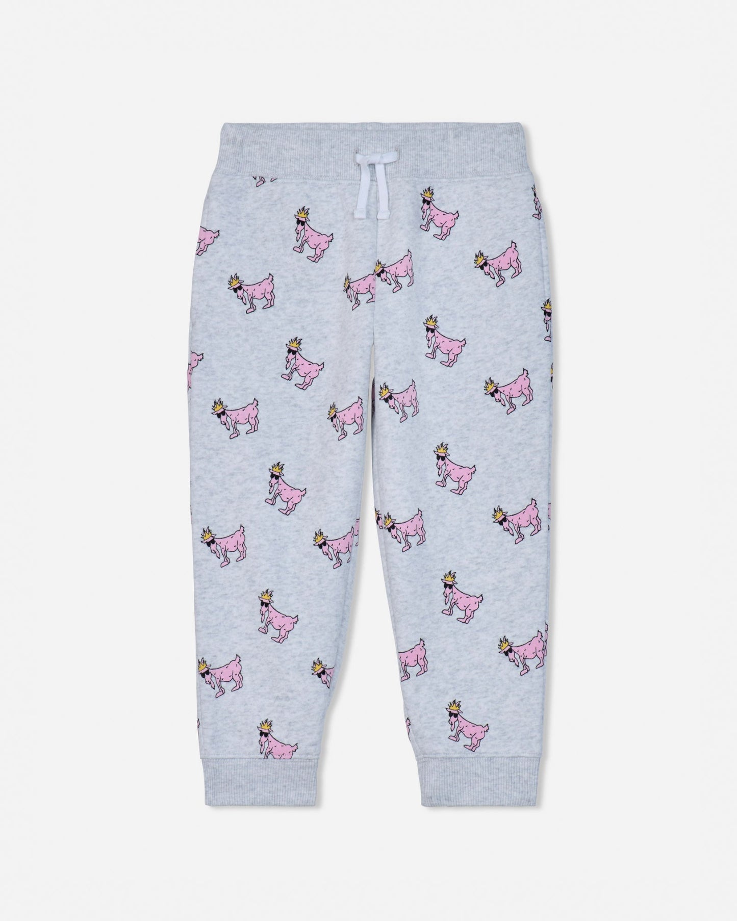 Light gray heather jogger pants with an all-over print of pink dogs wearing gold crowns, featuring a white drawstring waistband.#color_pale-gray-heather