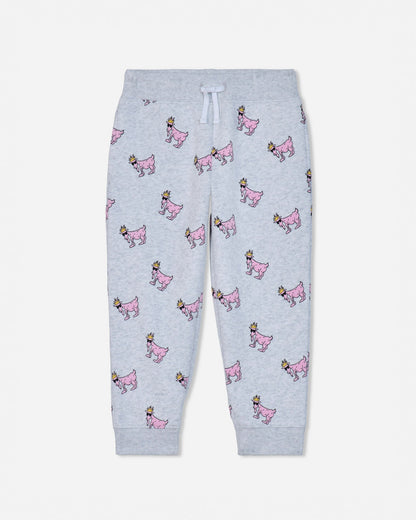 Light gray heather jogger pants with an all-over print of pink dogs wearing gold crowns, featuring a white drawstring waistband.#color_pale-gray-heather