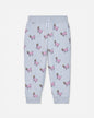Light gray heather jogger pants with an all-over print of pink dogs wearing gold crowns, featuring a white drawstring waistband.#color_pale-gray-heather