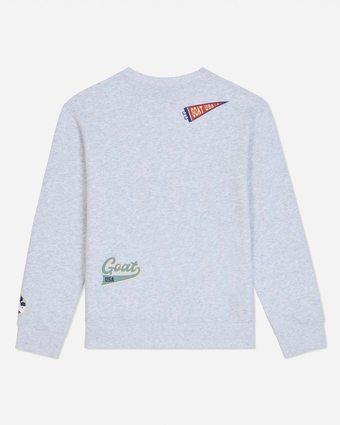 Back of gray crewneck with patches