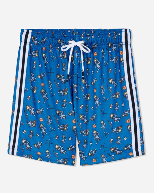 Blue  athletic shorts with an all-over cartoon astronaut pattern, featuring white side stripes and a white drawstring.
