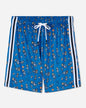 Blue  athletic shorts with an all-over cartoon astronaut pattern, featuring white side stripes and a white drawstring.