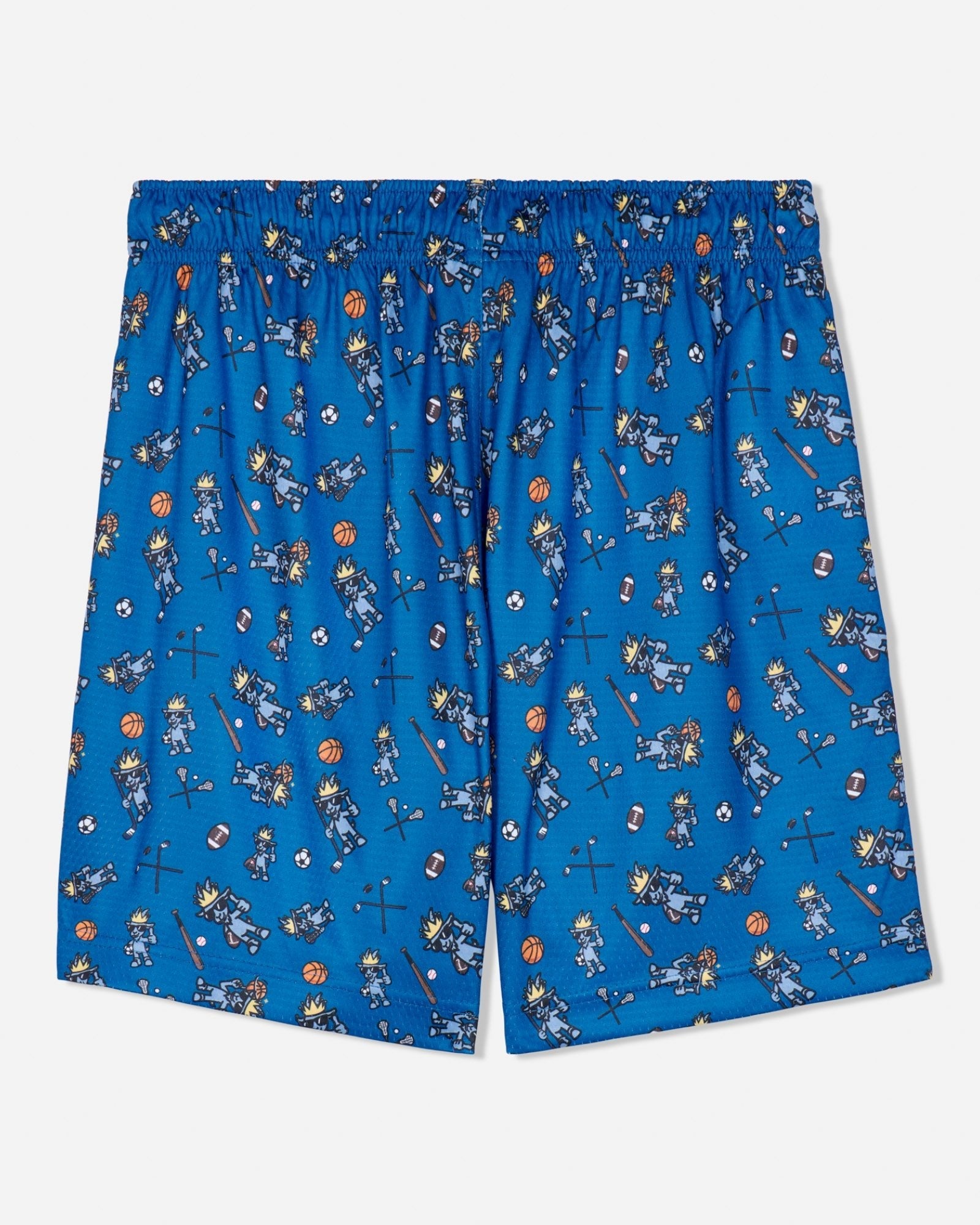 Blue mesh shorts with an all-over print of cartoon sports goats, shown flat against a light gray background.