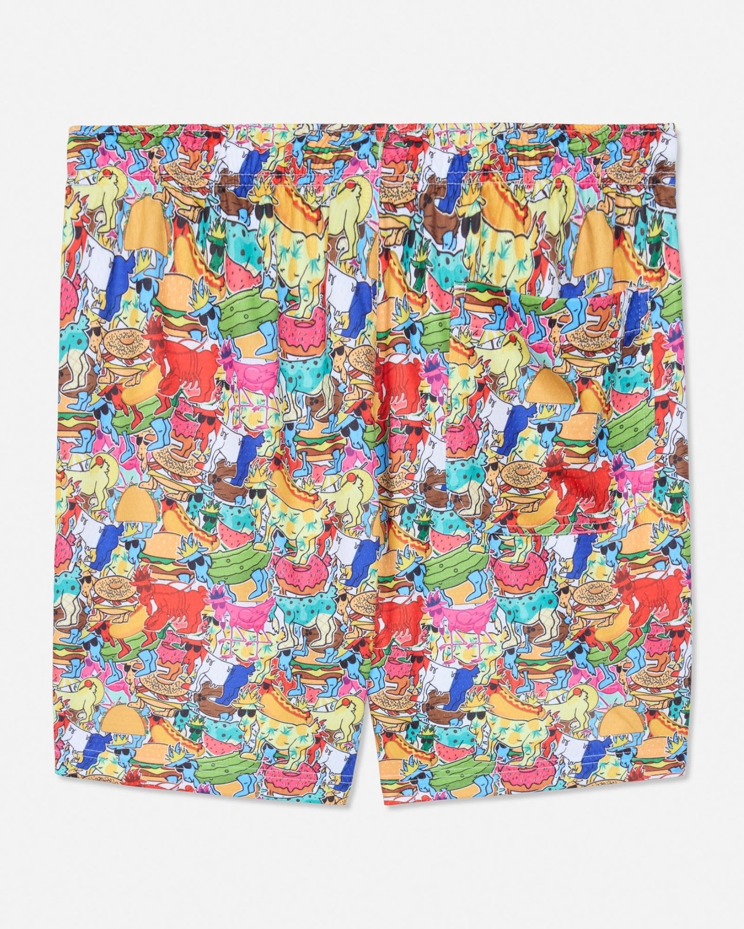 Colorful shorts with a pattern of cartoon goats and objects on a white background