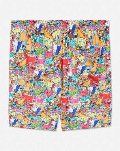 Colorful shorts with a pattern of cartoon goats and objects on a white background