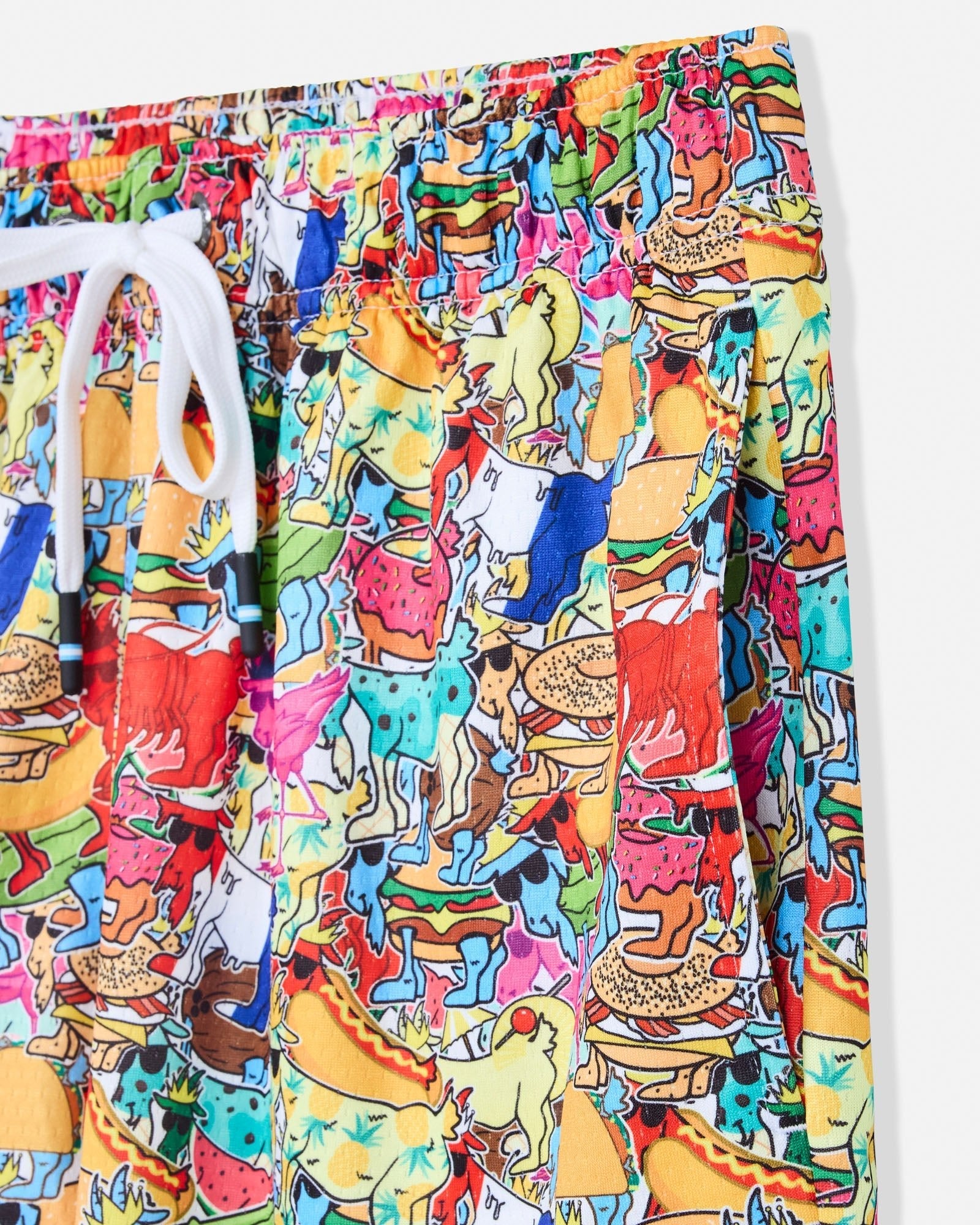 Colorful shorts with a pattern of goat on a white background