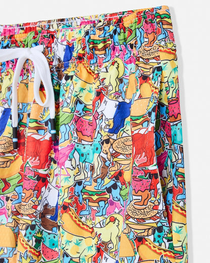 Colorful shorts with a pattern of goat on a white background