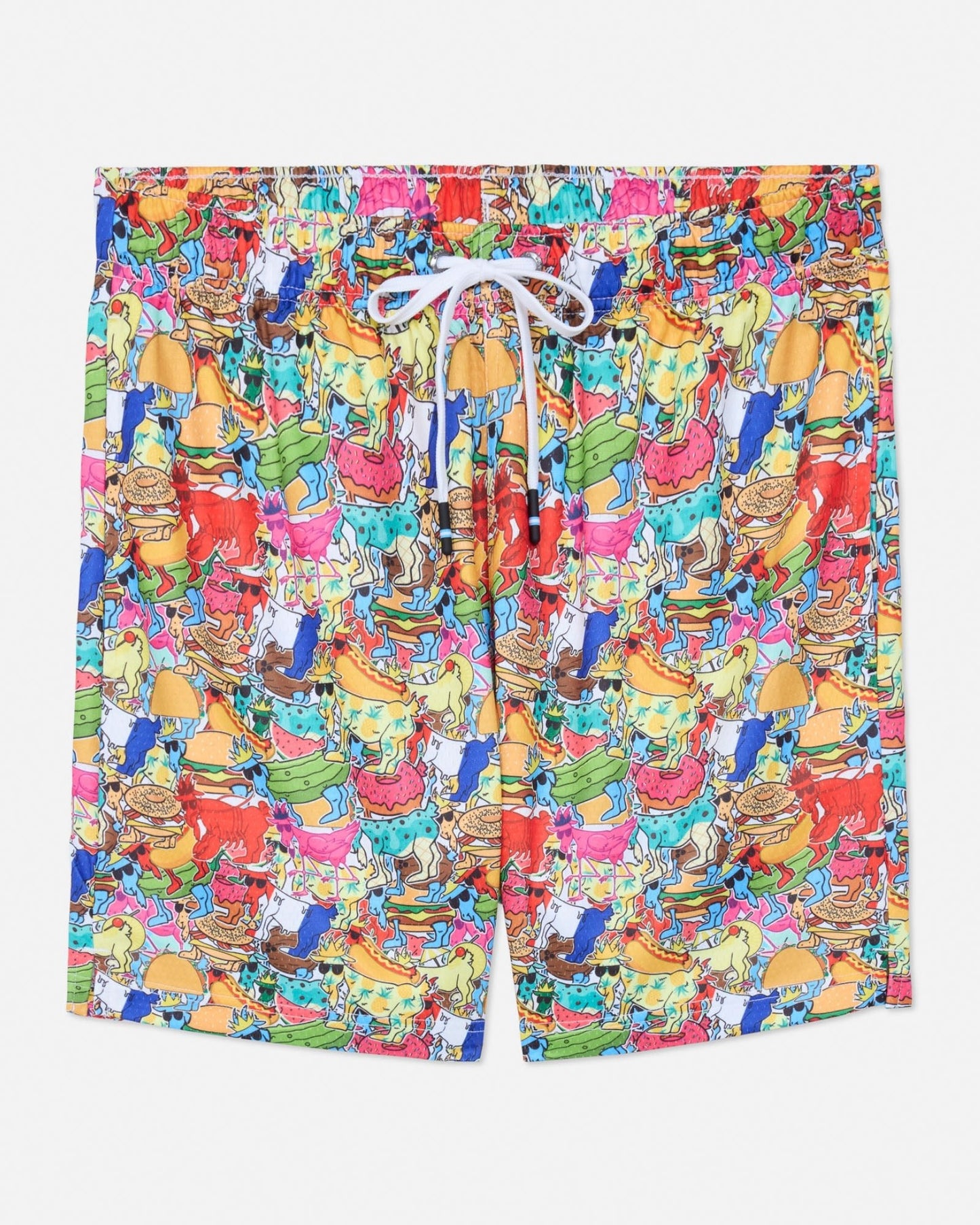 Colorful shorts with a pattern of goats on a white background