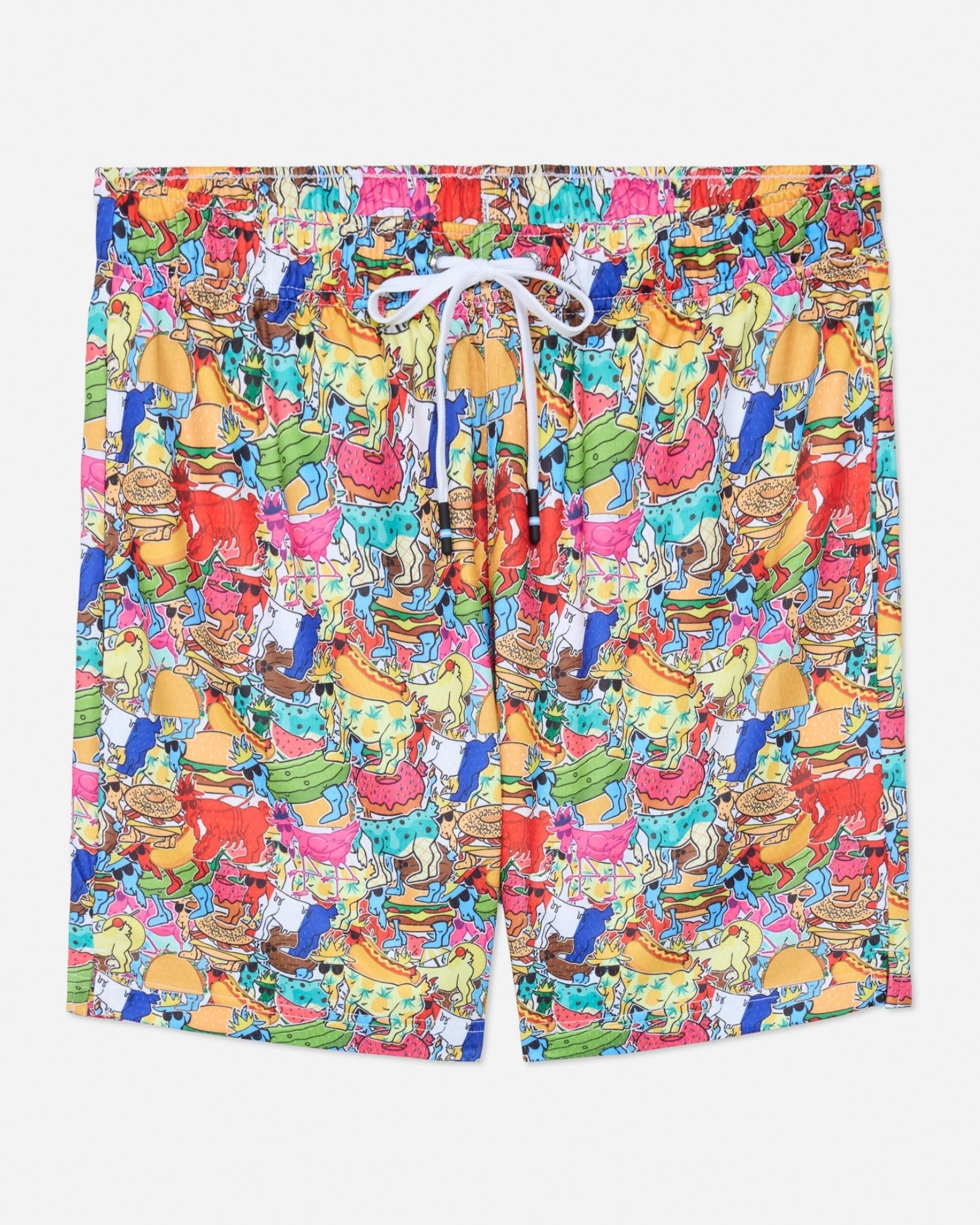 Colorful shorts with a pattern of goats on a white background