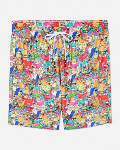 Colorful shorts with a pattern of goats on a white background