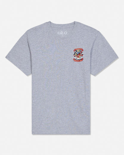 A heather gray short-sleeve t-shirt with a small colorful graphic on the left chest and the brand name 'GOAT USA' printed inside the collar, shown against a plain white background.