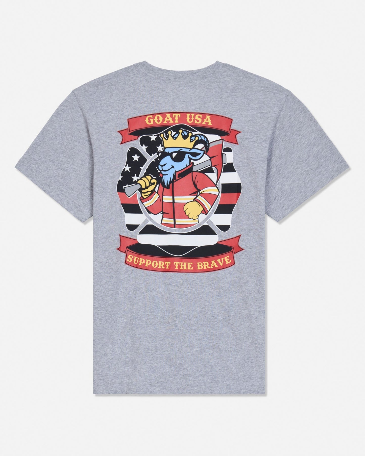A heather gray short-sleeve t-shirt shown from the back, featuring a large graphic print of a cartoon goat wearing a crown and sunglasses, with red banners reading 'GOAT USA' and 'SUPPORT THE BRAVE'.