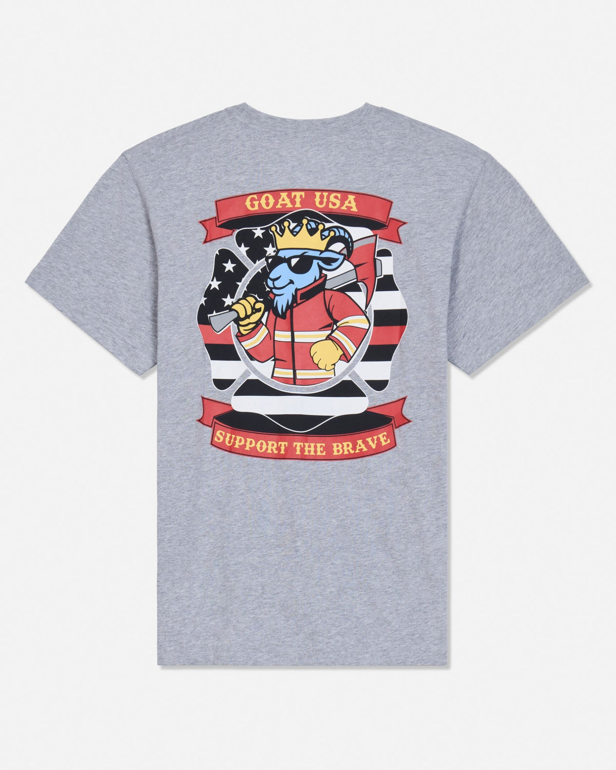 A heather gray short-sleeve t-shirt shown from the back, featuring a large graphic print of a cartoon goat wearing a crown and sunglasses, with red banners reading 'GOAT USA' and 'SUPPORT THE BRAVE'.