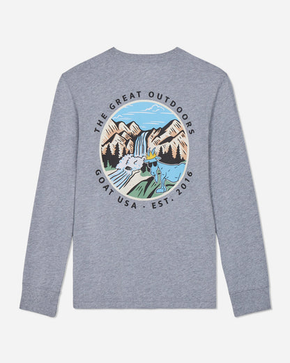 Gray long-sleeve shirt with a mountain and waterfall graphic on the back