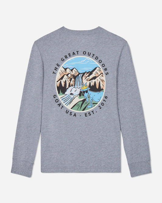 Gray long-sleeve shirt with a mountain and waterfall graphic on the back