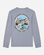Gray long-sleeve shirt with a mountain and waterfall graphic on the back