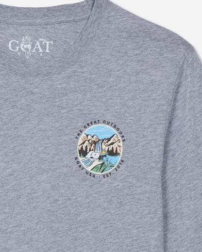 Gray t-shirt with an outdoors design on a light gray background