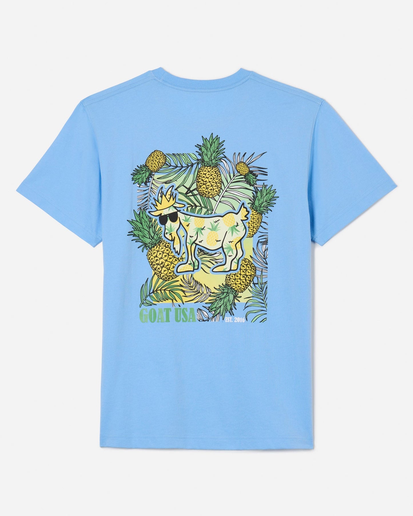 Back of carolina blue t-shirt with pineapple GOAT design