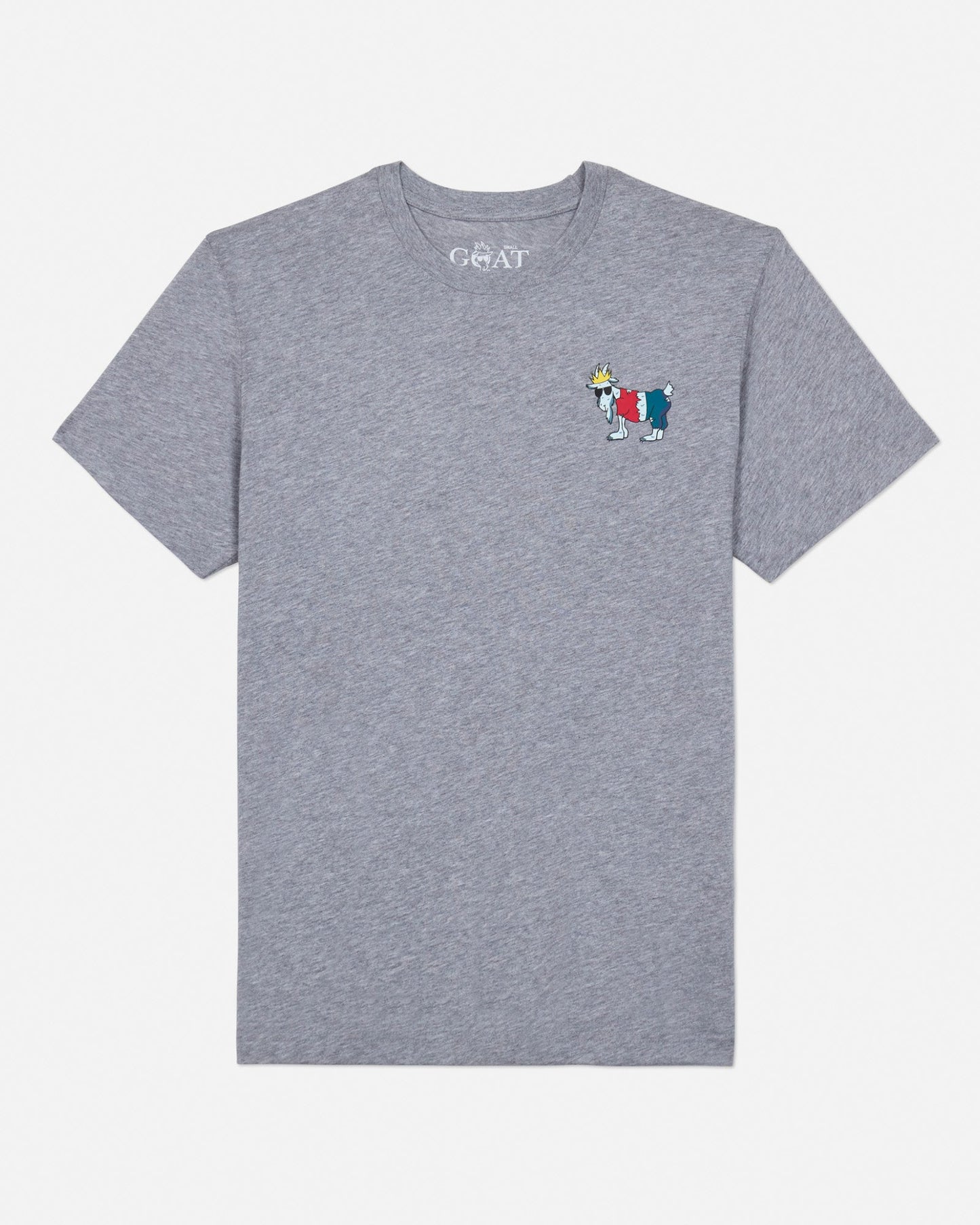 Front of gray t-shirt with a werewolf goat left-chest logo