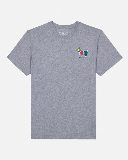 Front of gray t-shirt with a werewolf goat left-chest logo