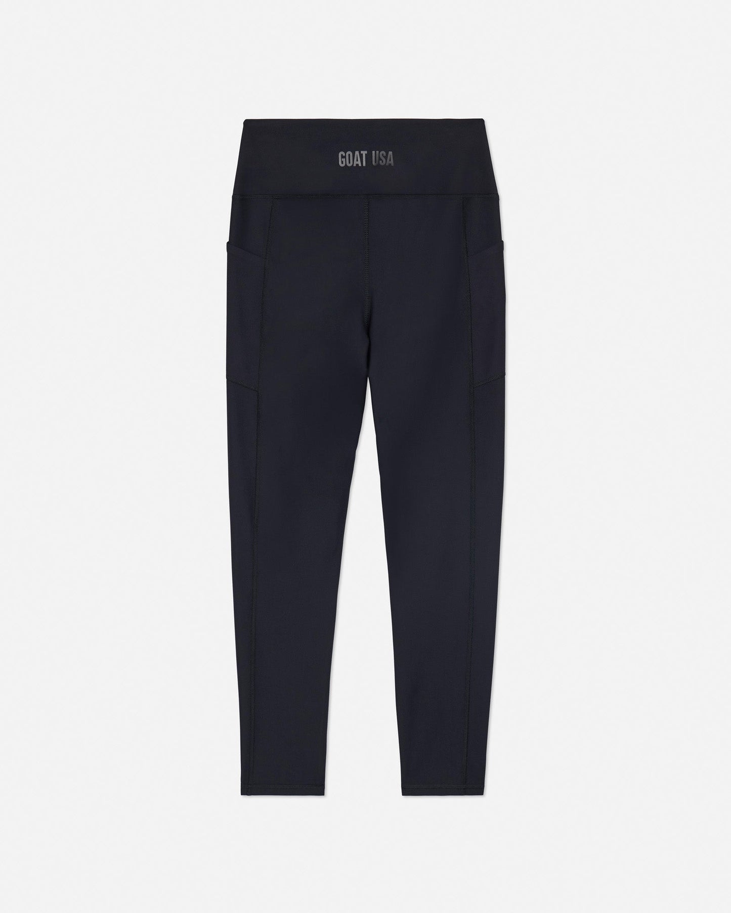 Black leggings with a brand logo on a light gray background