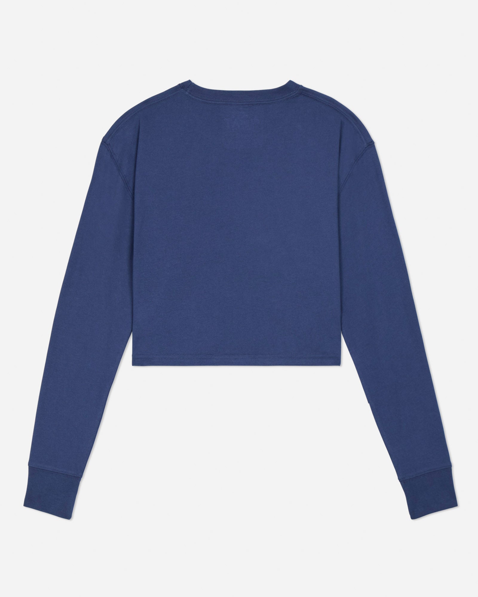 Blue long-sleeve shirt on a light gray background