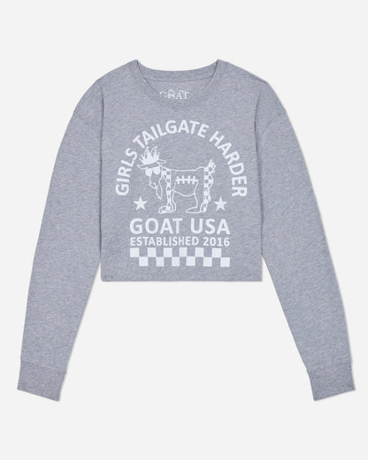 Gray long sleeve with white graphic and text on a light gray background