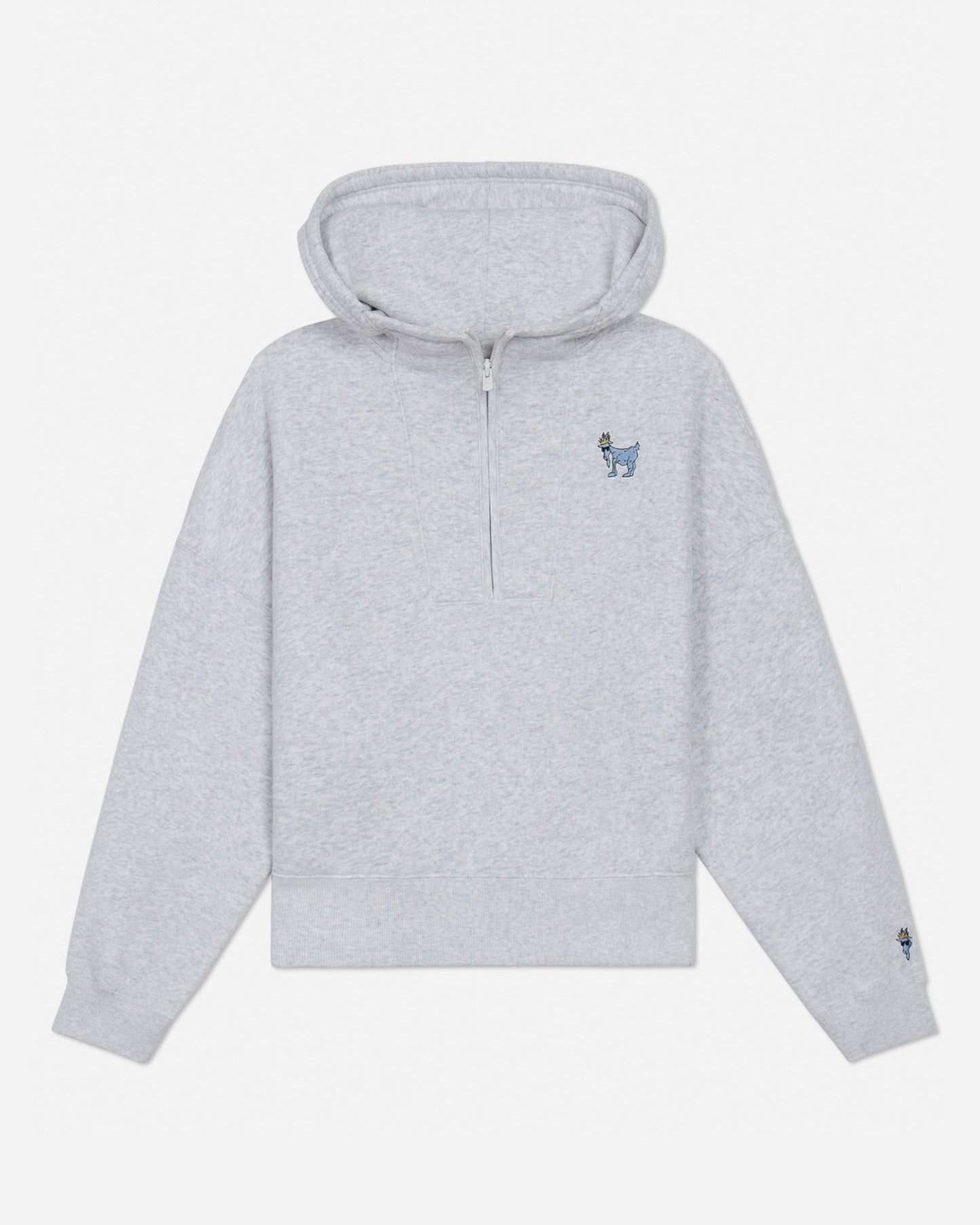 Pale gray half-zip hooded sweatshirt on a light gray background#color_pale-gray