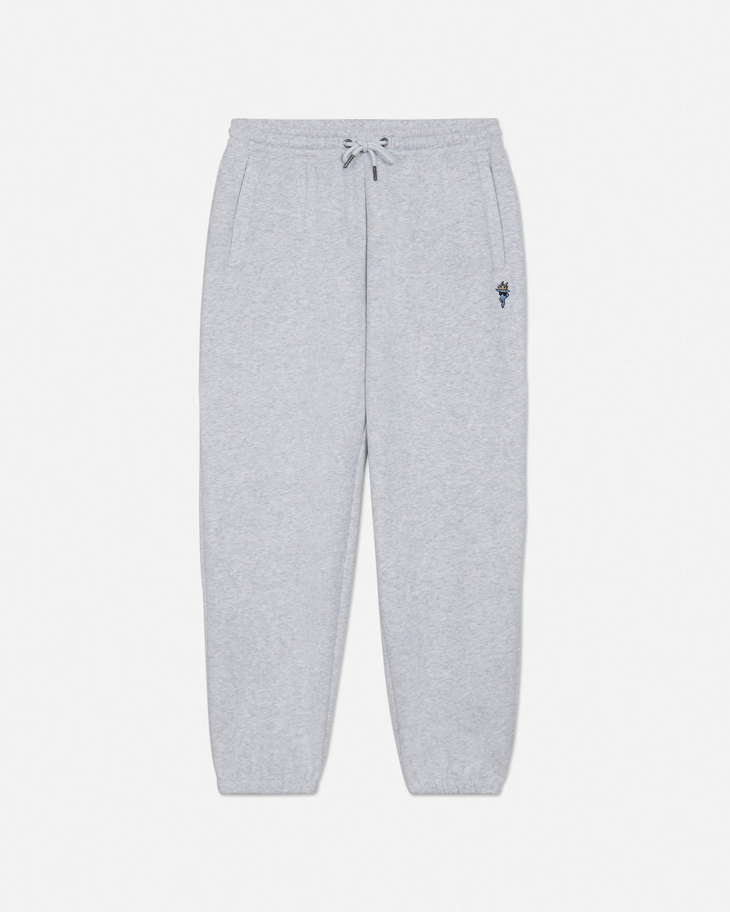 Gray sweatpants with a small logo on a light gray background#color_pale-gray