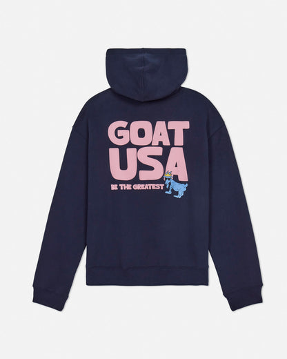 Back of navy oversized hoodie with GOAT USA graphic#color_navy