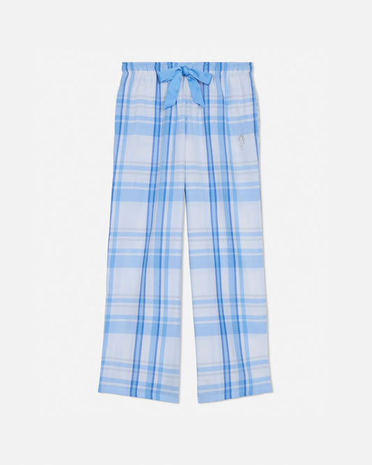Blue plaid pants on a light gray background