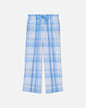 Blue plaid pants on a light gray background