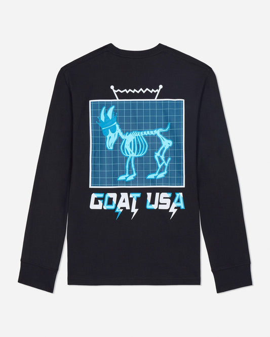 Black long-sleeve shirt with 'GOAT USA' graphic design on a light gray background