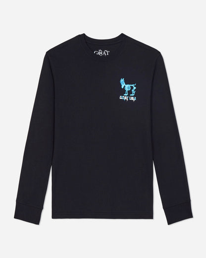 Black long-sleeve shirt with blue graphic on a light gray background