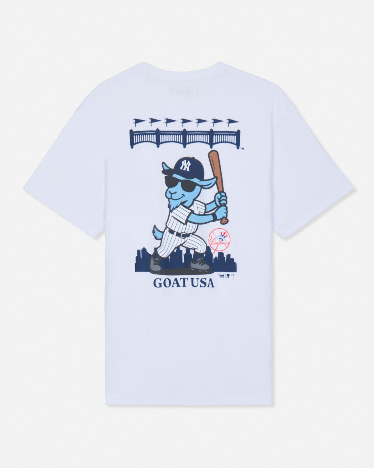 A white short-sleeve t-shirt with a large graphic print on the front featuring a cartoon goat in a baseball uniform holding a bat, with 'GOAT USA' text below.#color_white